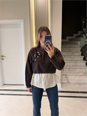 Kahve Nakışlı  Gömlek Detaylı Sweatshirt