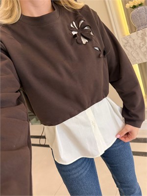Kahve Nakışlı  Gömlek Detaylı Sweatshirt
