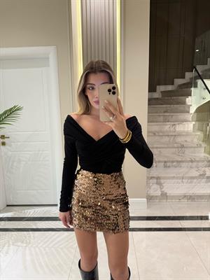 Kahve Payetli Mini Etek-4580