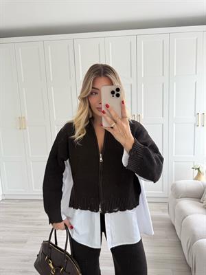 Kahve Poplin Gömlek Detaylı Triko Takım