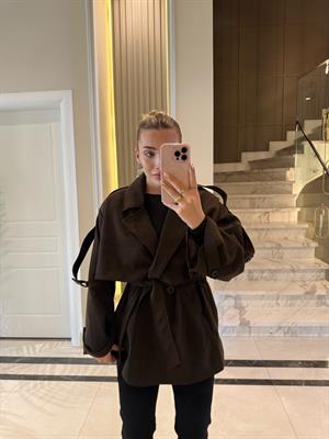 Kahve Rengi Apoletlı Oversize  Kısa Trenç-9582