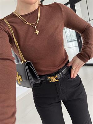 Kahve Rengi  Bisiklet Yaka Transparan Bluz-1091