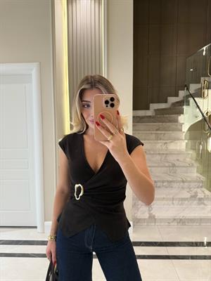 Kahve Rengi  Broş Detaylı Kruvaze Bluz-251039