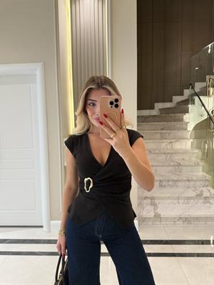 Kahve Rengi  Broş Detaylı Kruvaze Bluz-251039