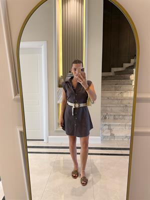 Kahve Rengi Ham Keten Kemerli Elbise