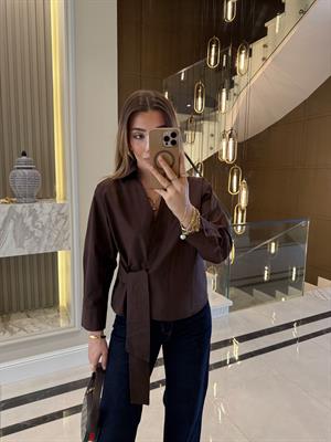 Kahve Rengi Massi Bağlamalı Poplin Gömlek