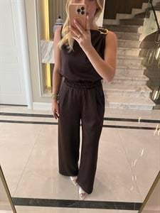 Kahve Rengi  Omuzdan Tokalı Saten İkili Takım