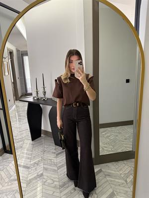Kahve Rengi Omzu Fermuarlı Tişört- 251005