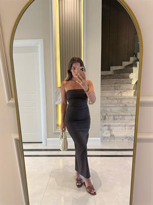 Kahve Rengi Straplez Midi Boy Elbise-91368