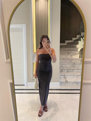 Kahve Rengi Straplez Midi Boy Elbise-91368