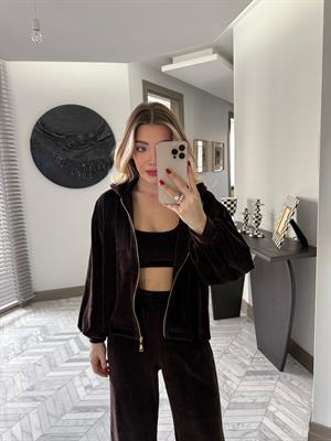 Kahve Rengi Üçlü Kadife Takım-0097