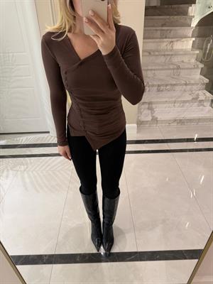 Kahve Rengi Yandan Düğmeli Bluz-1074