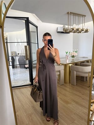 Kahve Sırtı Açık Pike Elbise-4196