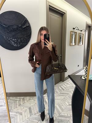 Kahve Tasarım Cep Kapakçıklı Kol Detaylı Gömlek-2257