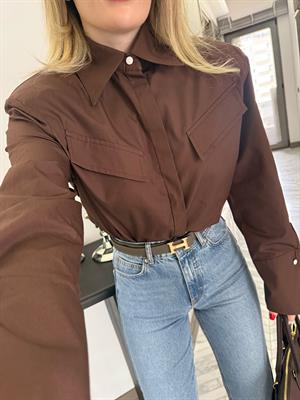 Kahve Tasarım Cep Kapakçıklı Kol Detaylı Gömlek-2257
