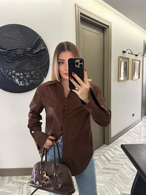 Kahve Tasarım Cep Kapakçıklı Kol Detaylı Gömlek-2257