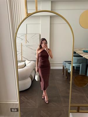 Kahve  Tek Omuz Drapeli Elbise 