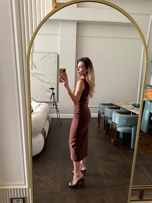 Kahve  Tek Omuz Drapeli Elbise 