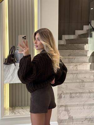 Kahverengi Asimertik Şort Etek-81067