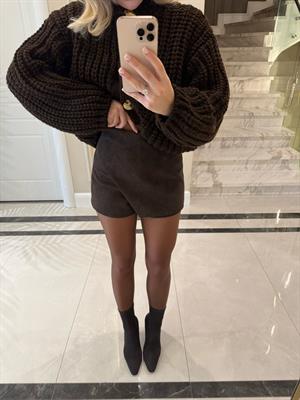 Kahverengi Asimertik Şort Etek-81067