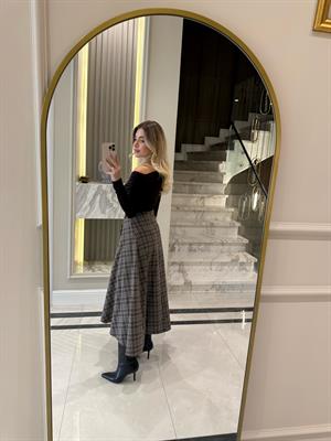 Kahverengi Asimetrik Kesimli Ekoseli Etek