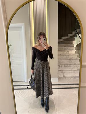 Kahverengi Asimetrik Kesimli Ekoseli Etek