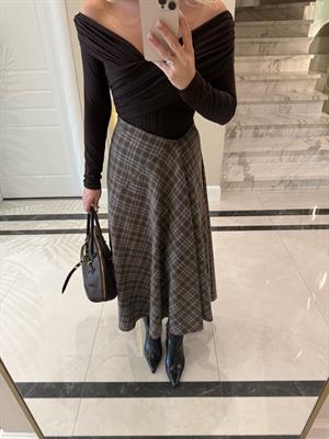 Kahverengi Asimetrik Kesimli Ekoseli Etek