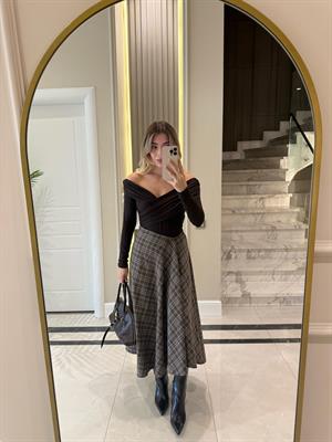 Kahverengi Asimetrik Kesimli Ekoseli Etek