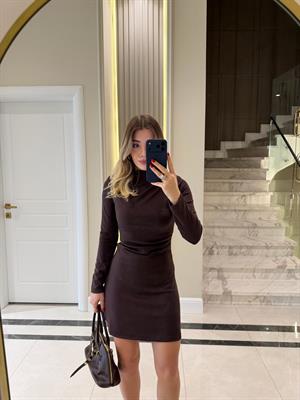 Kahverengi Beli Drapeli Kısa Elbise-1018