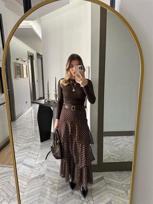 Kahverengi-Beyaz Puantiyeli Katlı Etek-37218