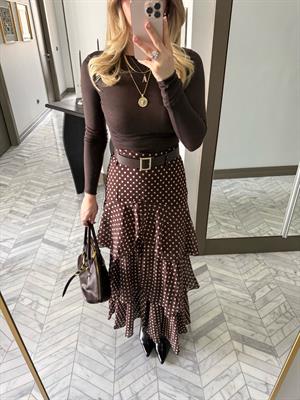 Kahverengi-Beyaz Puantiyeli Katlı Etek-37218
