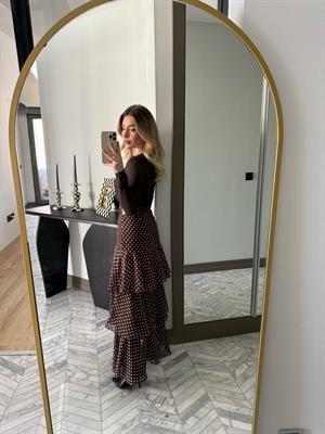 Kahverengi-Beyaz Puantiyeli Katlı Etek-37218