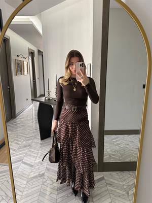 Kahverengi-Beyaz Puantiyeli Katlı Etek-37218