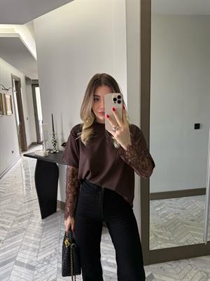 Kahverengi Bisiklet Yaka Dantelli Bluz 1049
