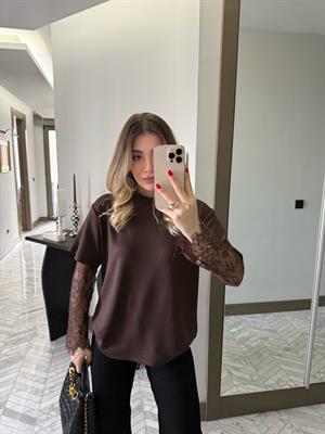 Kahverengi Bisiklet Yaka Dantelli Bluz 1049