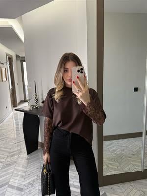 Kahverengi Bisiklet Yaka Dantelli Bluz 1049