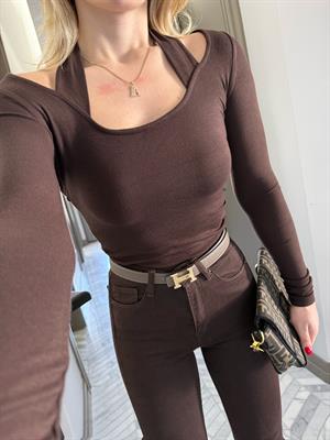 Kahverengi Boyundan Geçmeli Bluz-qs 