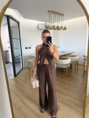 Kahverengi Boyundan Geçmeli Bluz Pantolon İkili Takım-0979