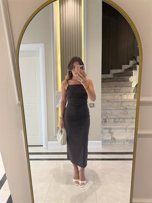 Kahverengi Büzgülü Midi Elbise 91479