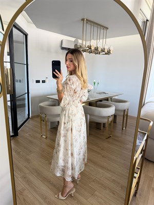 Kahverengi Çiçek Desenli Diana Midi Elbise 
