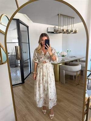 Kahverengi Çiçek Desenli Diana Midi Elbise - ÖN SİPARİŞ ÜRÜNÜDÜR KARGO ÇIKIŞI 04.07.2026 TARİHİNDE OLACAKTIR.