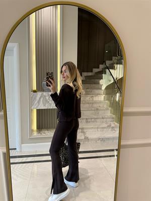 Kahverengi Çıtçıtlı Sweat- Flare Pantolon İkili Takım