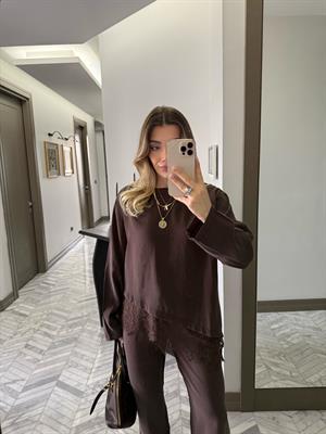 Kahverengi Dantel Detaylı Asimetrik Takım-7308