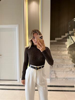 Kahverengi Dantel Transparan Bluz-29710