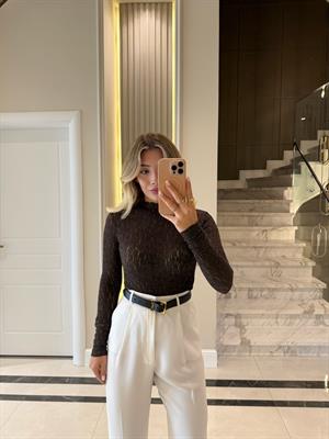 Kahverengi Dantel Transparan Bluz-29710