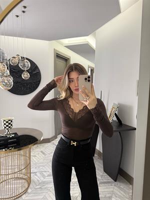 Kahverengi Dantelli Kaşmir Transparan Bluz-32311