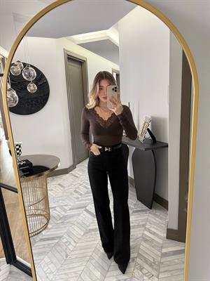 Kahverengi Dantelli Kaşmir Transparan Bluz-32311