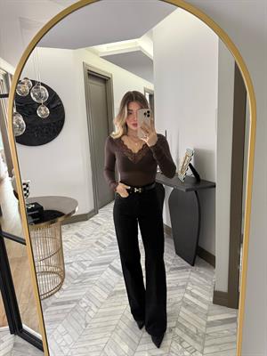 Kahverengi Dantelli Kaşmir Transparan Bluz-32311