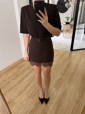 Kahverengi Dantelli Kemerli Etek-1012