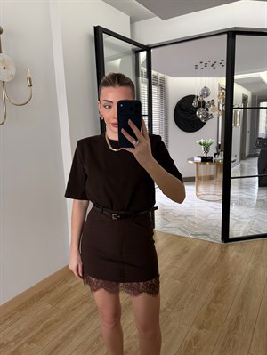 Kahverengi Dantelli Kemerli Etek-1012